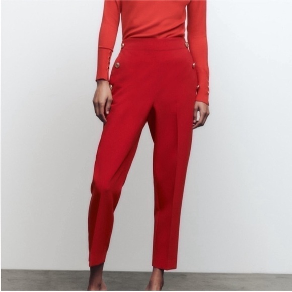Zara Red Straight Leg Gold Button Detail High Waisted Pants Size Small - Picture 3 of 16